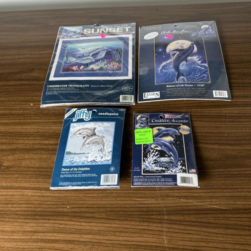 Dolphin Cross Stitch Kit Lot Sunset Charles Wysocki Lassen Jiffy Ocean NOS (4)